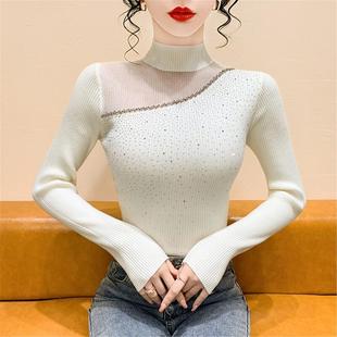 上衣 打底毛衣长袖 不规则网纱拼接镂空烫钻针织衫 女秋冬半高领修身