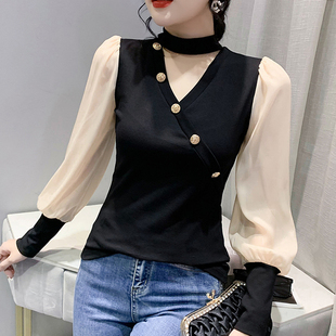 女秋冬欧货网纱拼接性感V领上衣别致显瘦T恤长袖 气质泡泡袖 打底衫