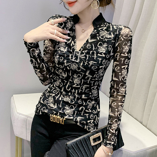 洋气百搭印花上衣内搭网纱T恤女长袖 性感V领打底衫 女秋冬2024新款