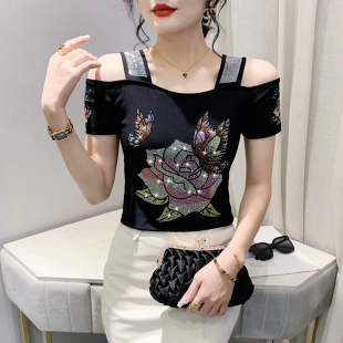 一字肩T恤女短袖 2024夏装 新款 欧货重工烫钻上衣性感露肩网纱小衫