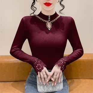 上衣 洋气镂空钉珠毛衣内搭长袖 蕾丝拼接针织打底衫 女秋冬2025新款