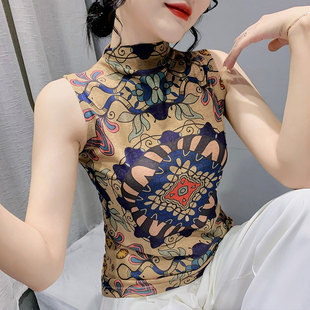 小半高领印花吊带背心女2024夏季 外穿上衣 紧身内搭无袖 T恤打底衫