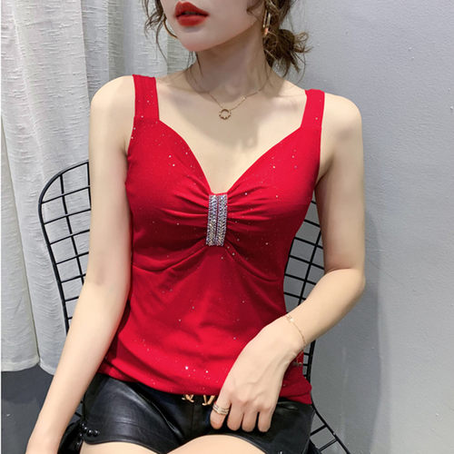 无袖t恤女2024夏季新款烫钻网纱吊带背心女内搭外穿V领上衣小衫潮