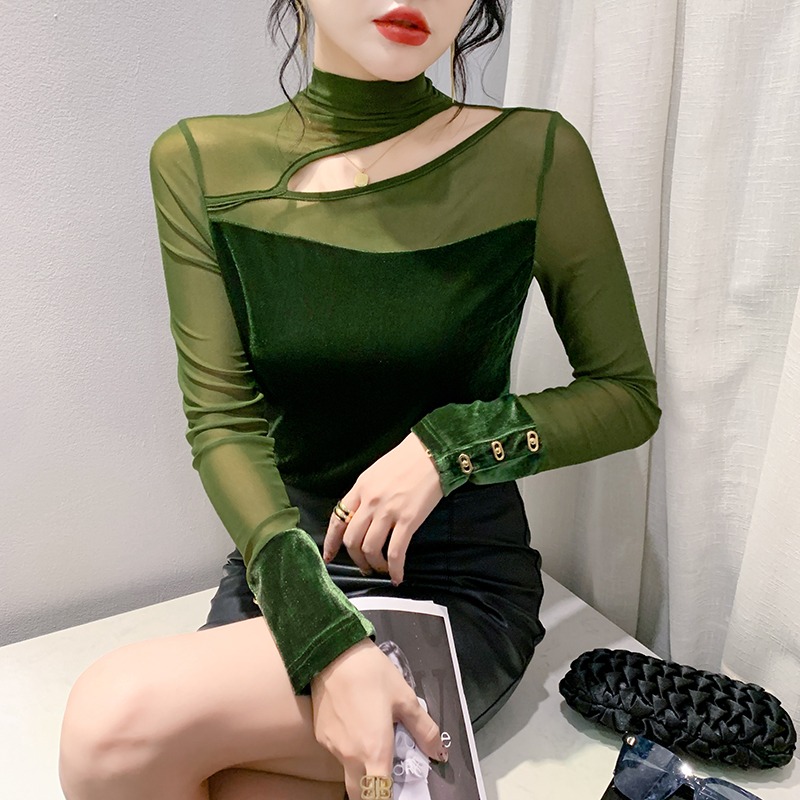 长袖通勤常规拼接网纱丝绒打底