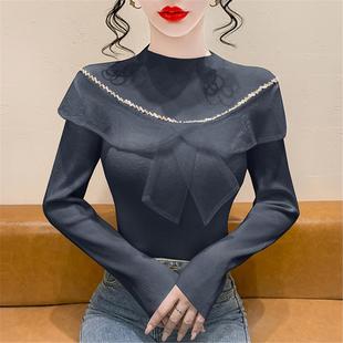 上衣 蝴蝶结毛衣内搭长袖 重工钉钻荷叶边针织打底衫 女秋冬2025新款