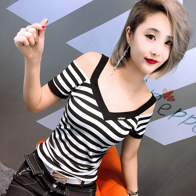 夜场性感低领露肩背上短袖t恤