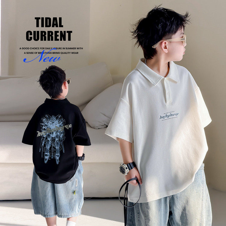 2026新款韩版男童短袖POLO衫夏季薄款卡通印花运动潮衣痞帅风