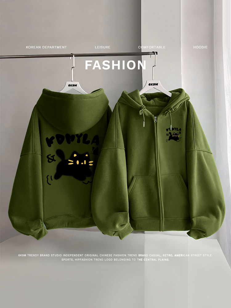 American Retro Autumn and Winter New Fleece Lined Thickened Zip-Up Hoodie Women's Korean Style Loose Design Sense Niche Outerwear
