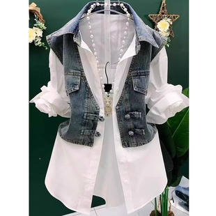假两件牛仔衬衫女2026春秋新款时尚韩版休闲洋气百搭拼接条纹上衣