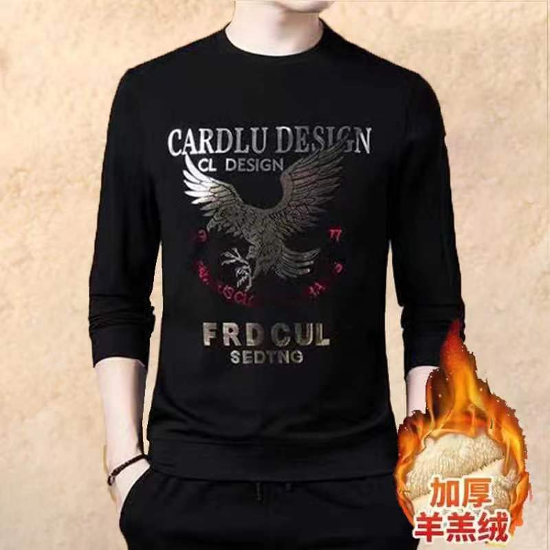 羊羔绒百搭欧洲站加绒烫钻烫金休闲修身卫衣长袖男士休闲加厚