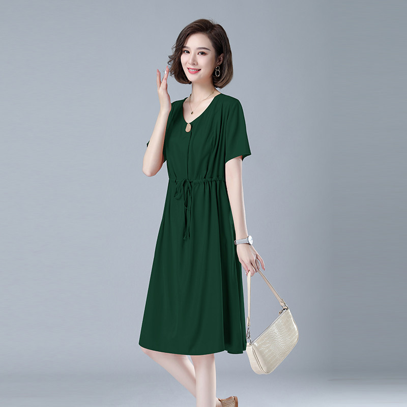 时尚V领短袖连衣裙修身显瘦高腰抽绳设计优雅气质女装新款,女装连衣裙,秋牧寒烟