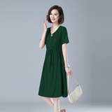时尚V领短袖连衣裙修身显瘦高腰抽绳设计优雅气质女装新款，女装连衣裙，秋牧寒烟