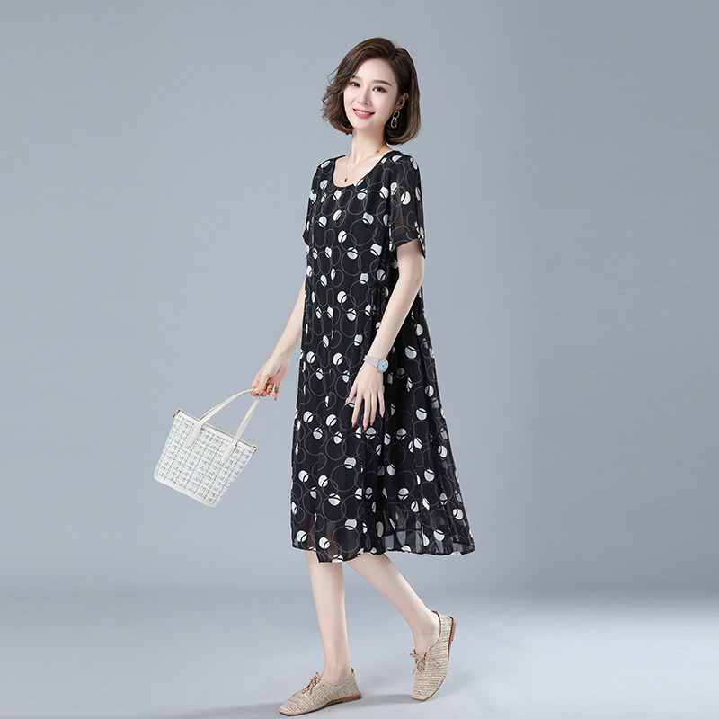 时尚宽松显瘦波点雪纺连衣裙女夏季新款气质百搭长裙,女装连衣裙,秋牧寒烟