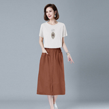 时尚优雅女装套装简约百搭短袖T恤配高腰长裙显瘦修身设计，女装套装/套裙，秋牧寒烟