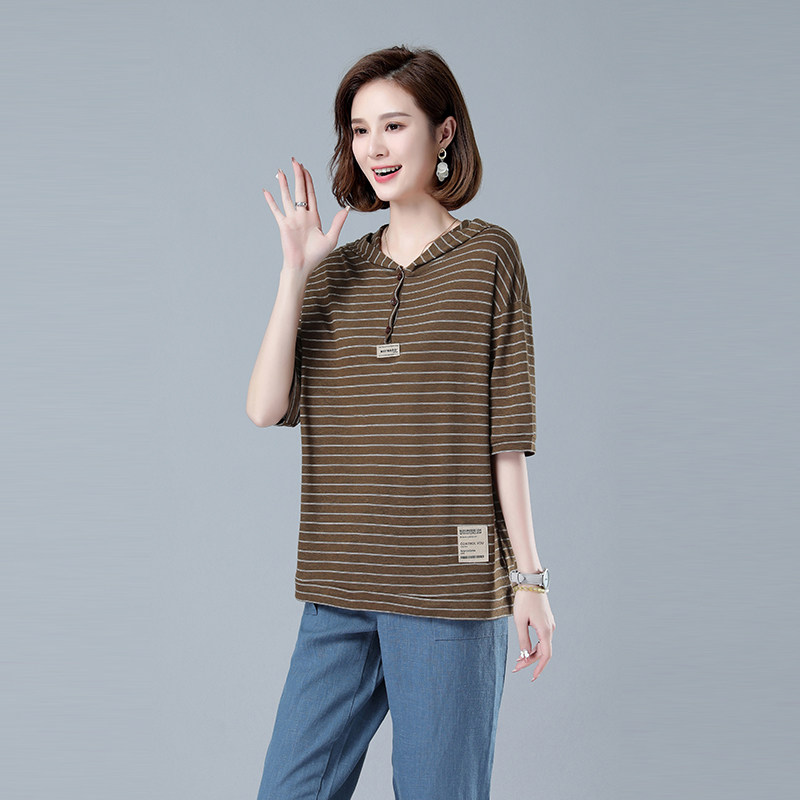 时尚宽松条纹短袖T恤大码女装显瘦百搭上衣,女装大码女装,秋牧寒烟