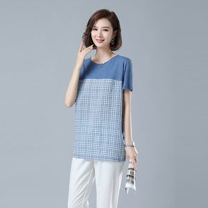 时尚宽松显瘦短袖T恤女夏季新款圆领拼色上衣百搭休闲女装8201图片