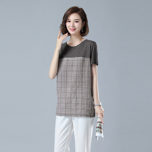 时尚宽松显瘦短袖T恤女夏季新款圆领拼色上衣百搭休闲女装8201图片