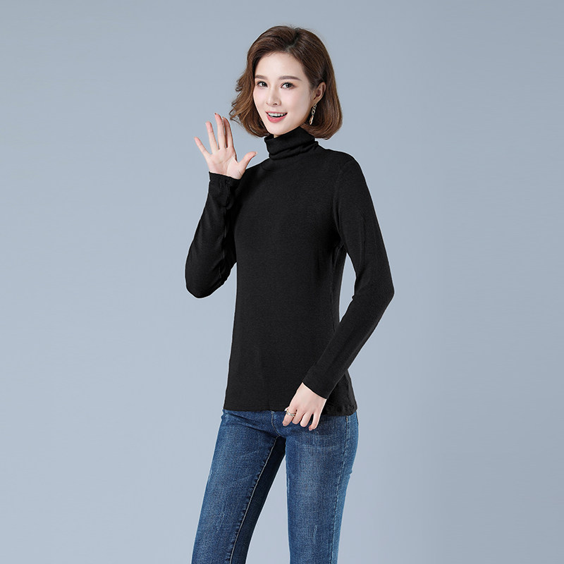 时尚高领长袖T恤女秋冬季新款修身显瘦打底衫百搭针织上衣,女装T恤,秋牧寒烟