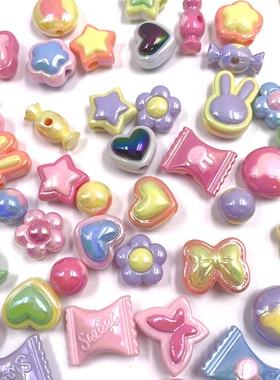 14款 七彩uv糖果蝴蝶结爱心小兔子印花圆珠DIY串珠手机链材料配饰