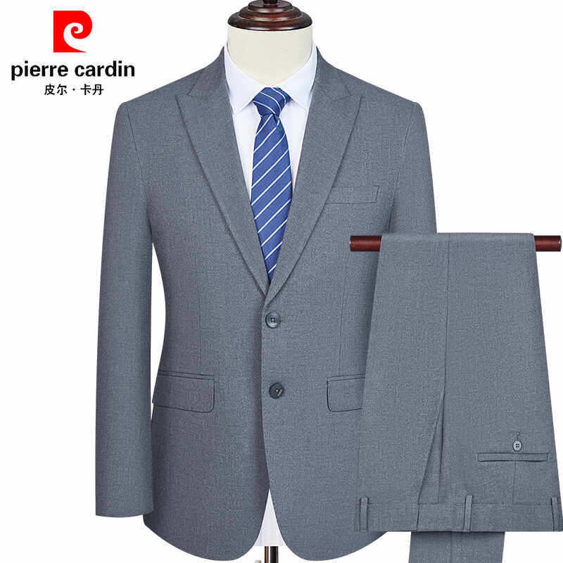 皮尔卡丹西服套装男士商务休闲浅灰色双开叉西装职业正装结婚礼服