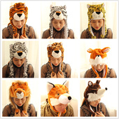 老虎狮子豹子灰狼头狐狸成人儿童搞笑仿真动物帽子小羊大象鱼头套