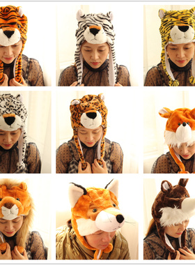 老虎狮子豹子灰狼头狐狸成人儿童搞笑仿真动物帽子小羊大象鱼头套