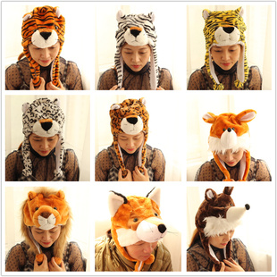 老虎狮子豹子灰狼头狐狸成人儿童搞笑仿真动物帽子小羊大象鱼头套