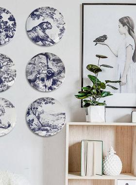 蓝色伊茹动物装饰盘摆盘D家插画狮子猴子虎素描碟样板间艺术配件