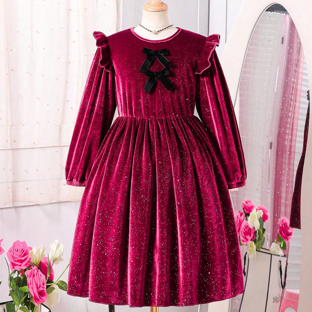 女童连衣裙长袖金丝绒红色礼服裙