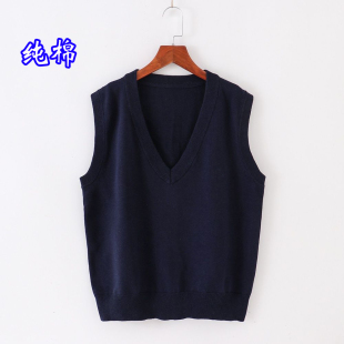 针织背心女纯棉马甲全棉坎肩马夹v领套头JK毛衣制服无袖 宽松学生