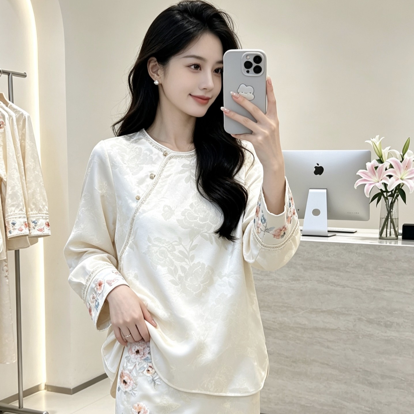 新中式醋酸提花打底衫2026秋季女装复古小衫国风刺绣衬衫上衣女潮
