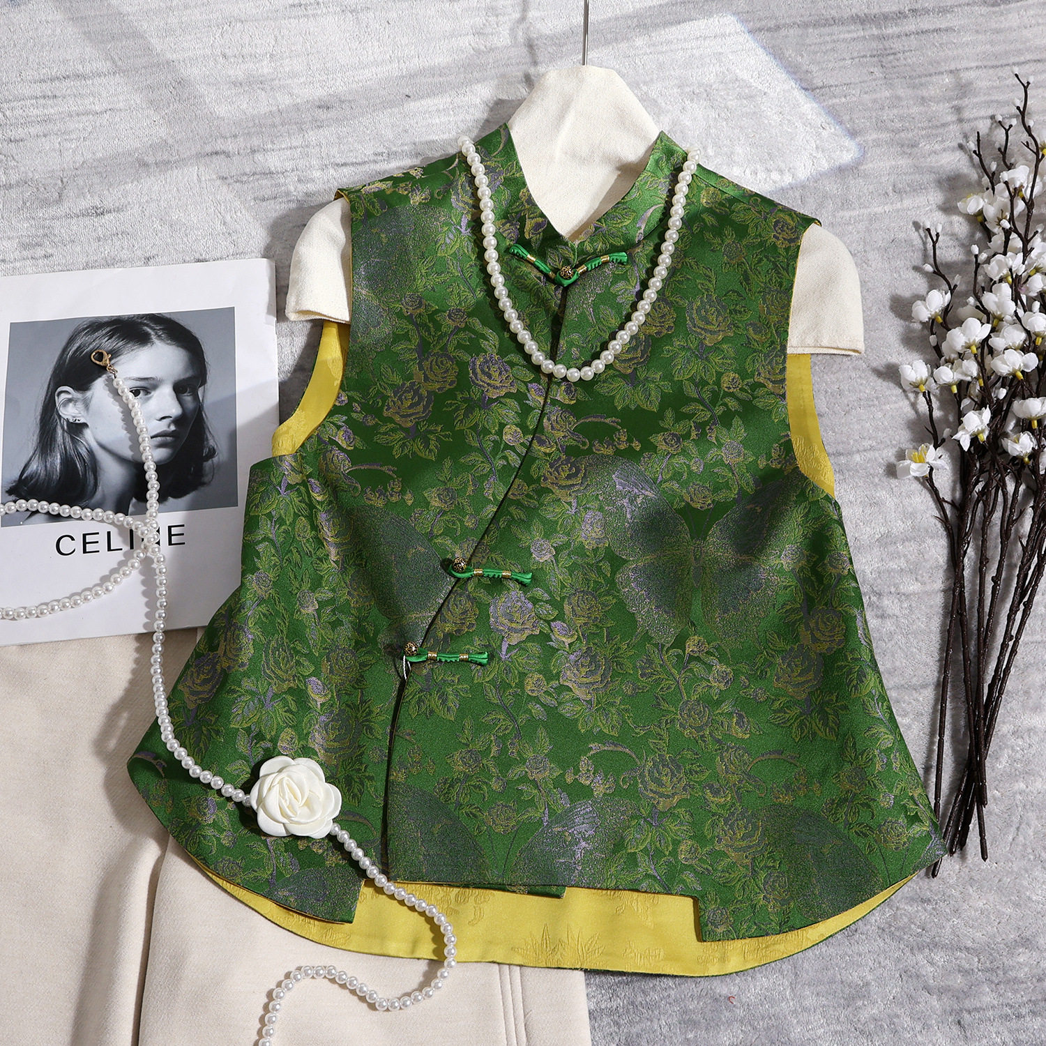 2026早春新中式天丝人丝交织提花马甲背心国风时尚宽松坎肩两面穿