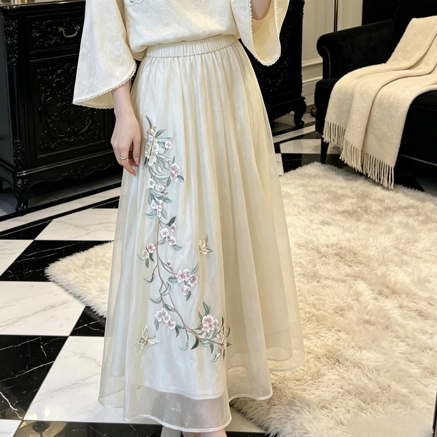 新中式温婉人丝花朵刺绣百搭半身裙2026夏季复古国风优雅大摆长裙