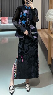2024冬季新中式富贵如意刺绣人丝提花百搭开叉半身裙改良旗袍裙子