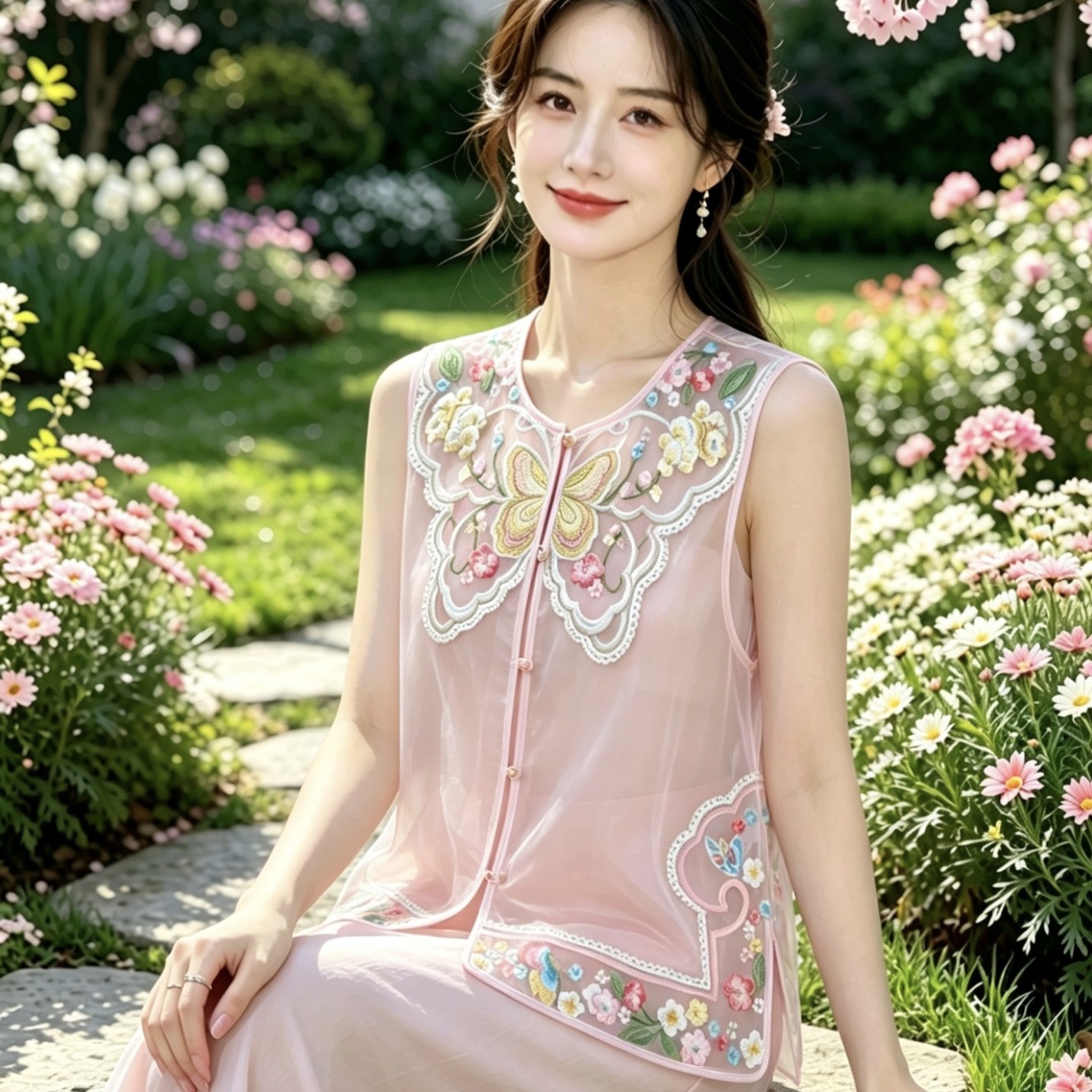 2026夏新中式透视感圆领真丝刺绣马甲背心文艺复古国风坎肩外搭女