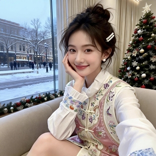 新中式马甲女2025秋复古国风绣球花满绣中长款对襟醋酸缎马夹坎肩