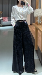 2024春时尚新中式人丝提花梅竹刺绣高腰显瘦百搭阔腿裤国风裙裤女