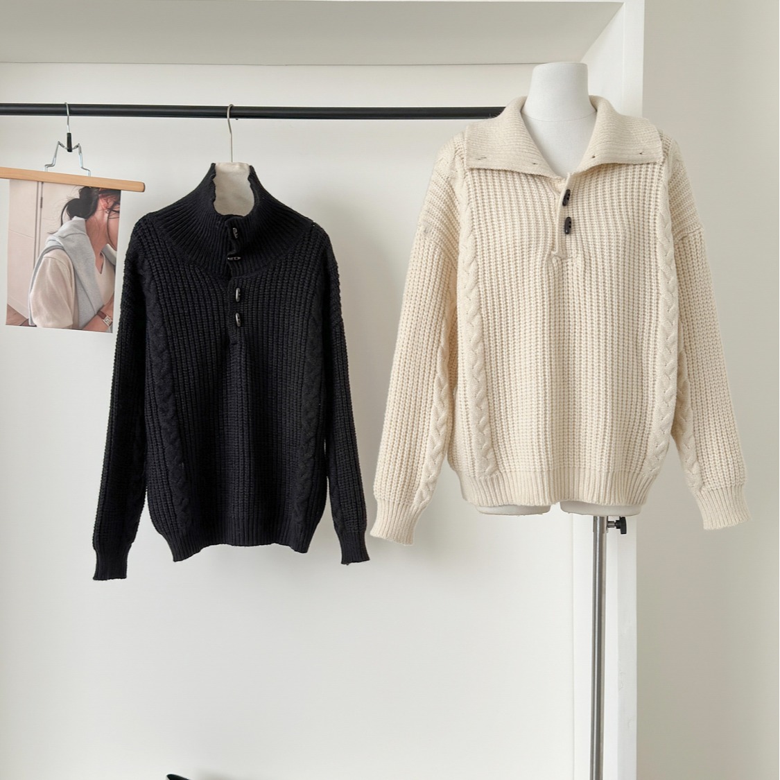 aaaaxbbb 济州橙酒 麻花针织毛衣套头纽扣高领2way休闲韩系上衣女