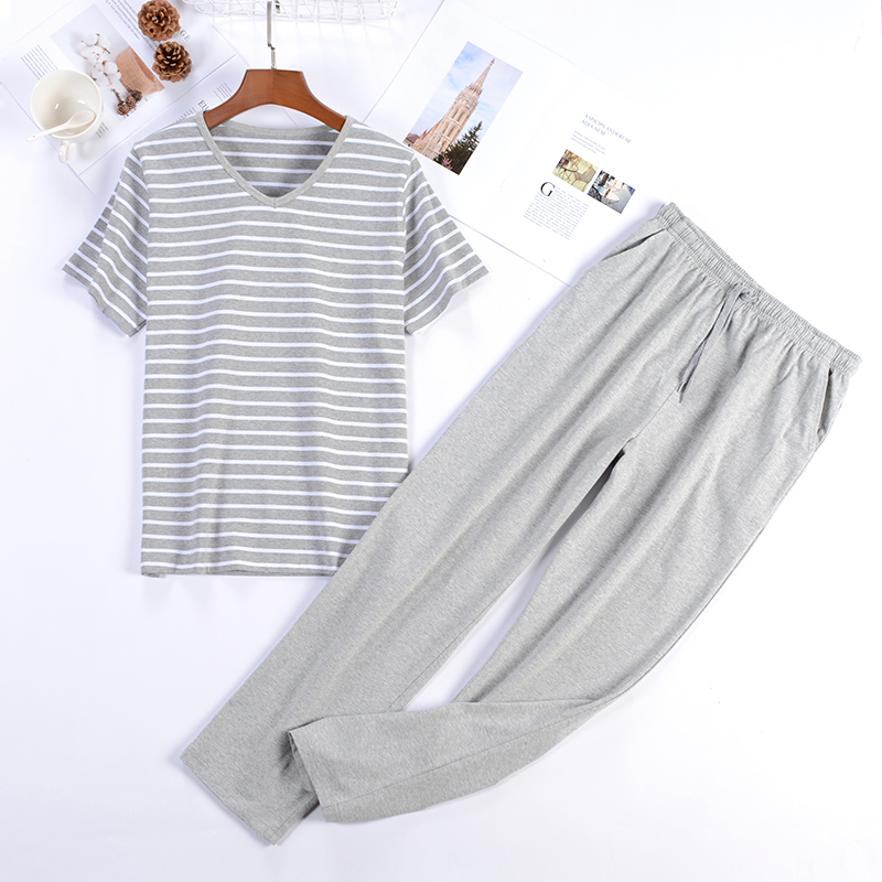 男士V领薄款休闲全棉套装起居服