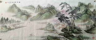 热卖一枫斋自创纯手绘国画仿古四尺横幅山水画松风桃屋渡装饰画