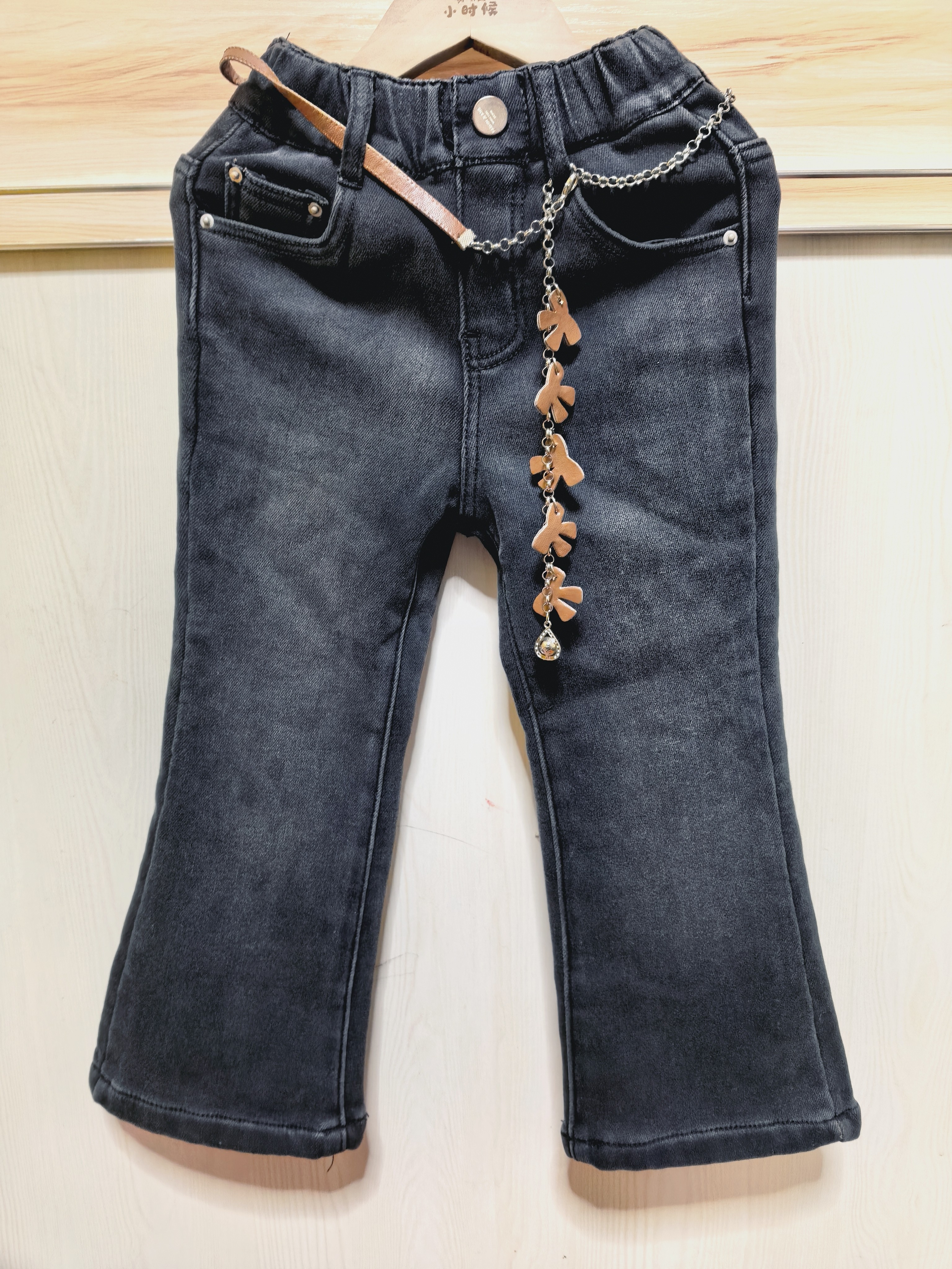 格格家冬季新款薄绒女童牛仔裤中大童