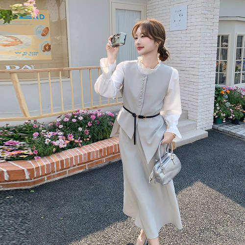 现货2D078-T1928-P185K268木耳边衬衫+开叉设计马甲+半裙三件套