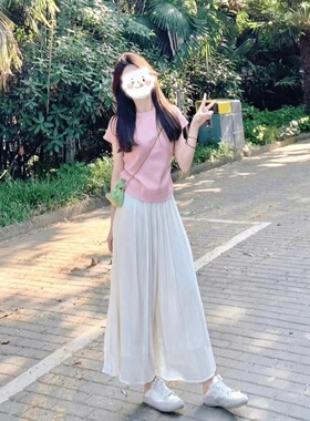 2024新款女两件套短袖女夏季甜辣风收腰褶皱设计感粉色针织衫上衣