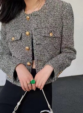 2024复古小香风羊毛外套女新款时尚潮流圆领粗花呢短款气质大衣