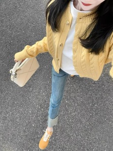 RINA BERRY黄色绞花扭绳羊毛针织开衫女春季百搭圆领毛衣上衣外套