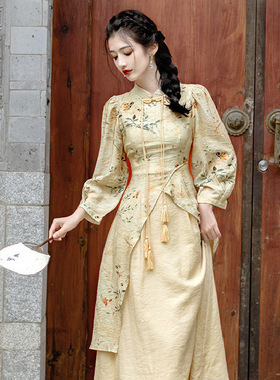 2024新款中式盘扣旗袍连衣裙女春秋装国风复古改良版礼服收腰长裙