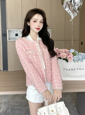 实拍2024粉色春秋装小香风外套女装新款学院风名媛短外套