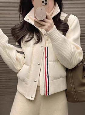 现货2024秋冬新款欧洲站拼接针织立领反季羽绒服短款外套针织衫