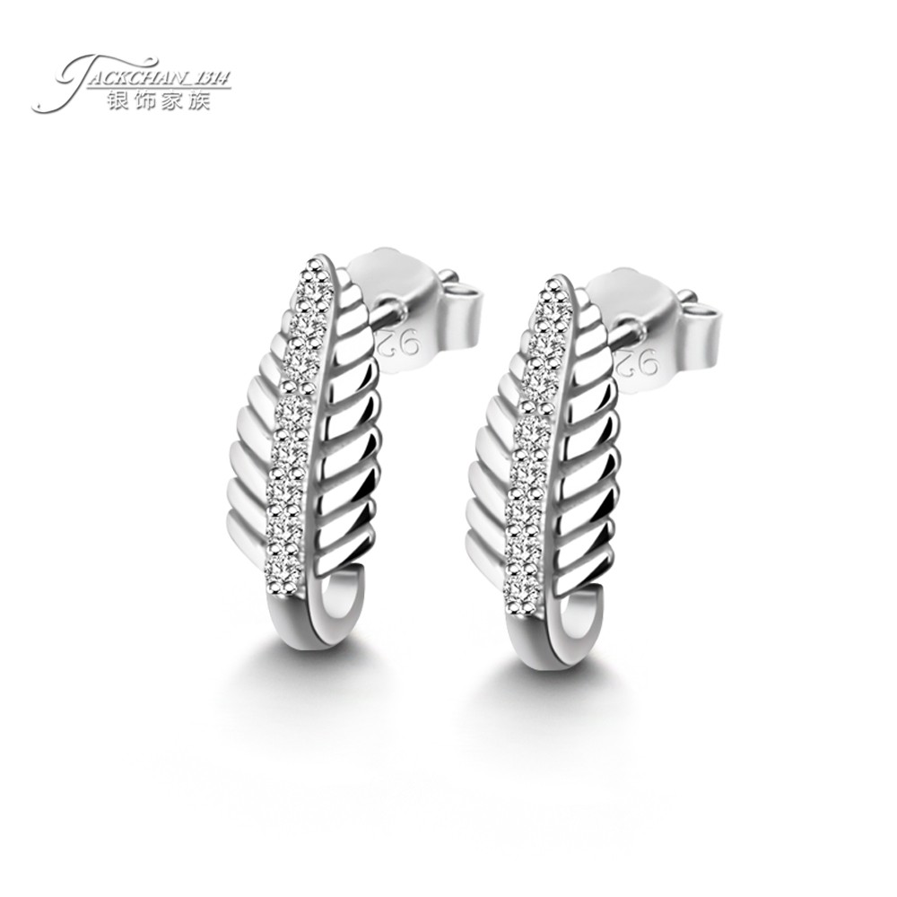 时尚甜美925纯银羽毛耳钉镶嵌锆石奢华魅力耳饰生日度假日常佩戴