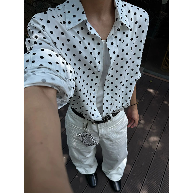 少年感波点长袖衬衫外套男女宽松垂感翻领潮流日常通勤叠穿衬衣潮